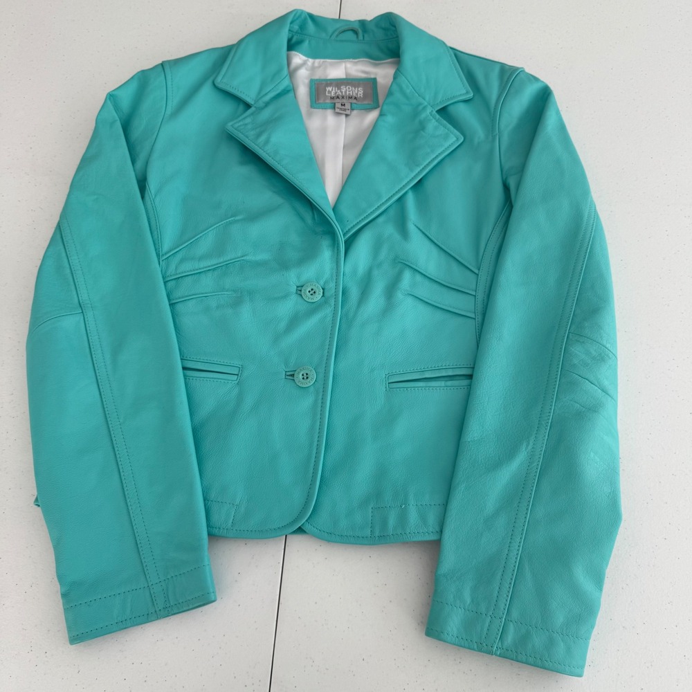 Y2K Wilsons Leather Maxima Women Size M Teal Blue Leather Blazer Jacket Bold